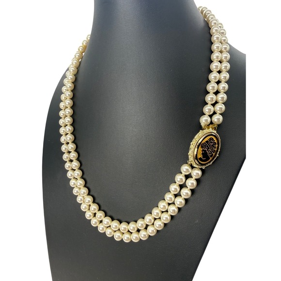 Jewelry - Vintage Double Strand Faux Knotted Pearl Necklace Gold Tone Black Cameo Clasp
